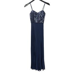 Vintage Y2K Cache Navy Sequin Bodice Pleated Maxi Dress Spaghetti Straps Size 2